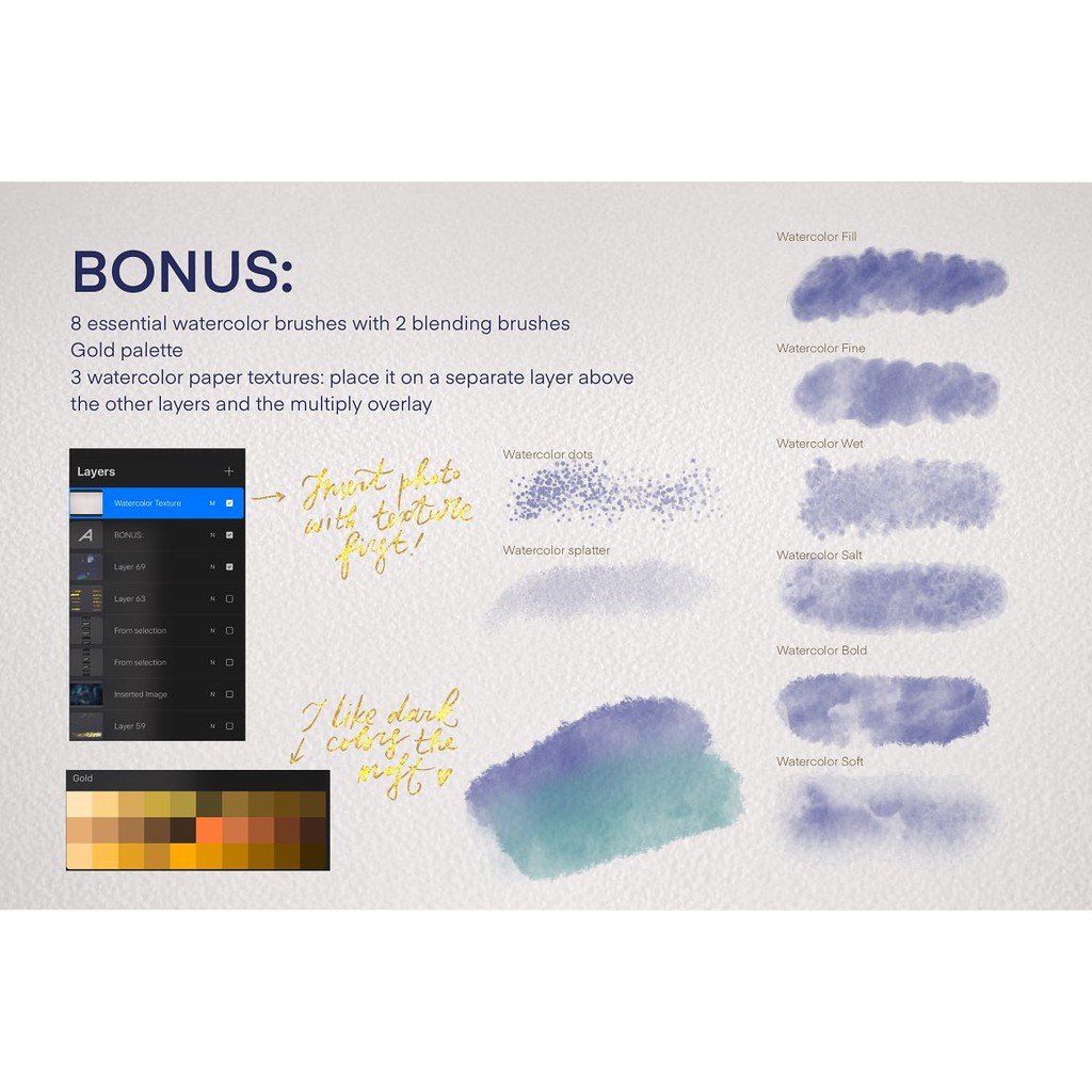 Procreate Brush - Pure Gold Procreate Brushset with Paper Textures &amp; Color Palette