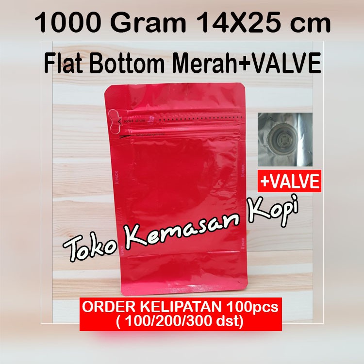 

KEMASAN KOPI 500 GR FLAT BOTTOM MERAH 1000+ZIPPER+VALVE (145X250X70X70MM)