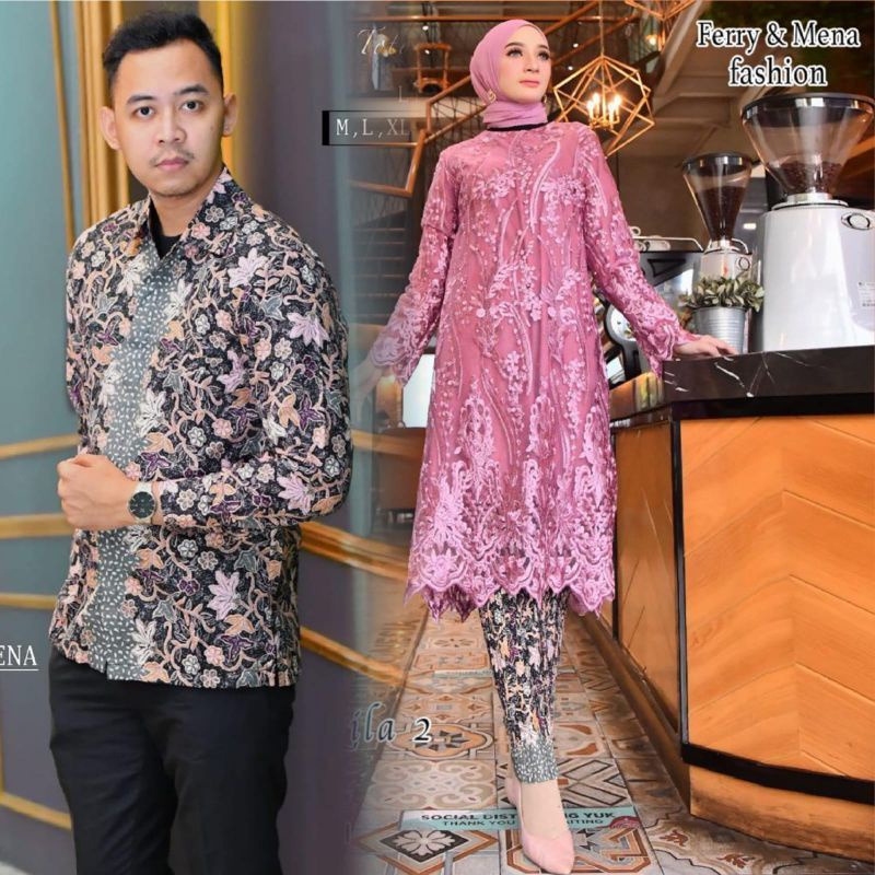 Couple kebaya tunik dengan kemeja batik//couple keluarga batik//kebaya tunik jumbo//kebaya modern