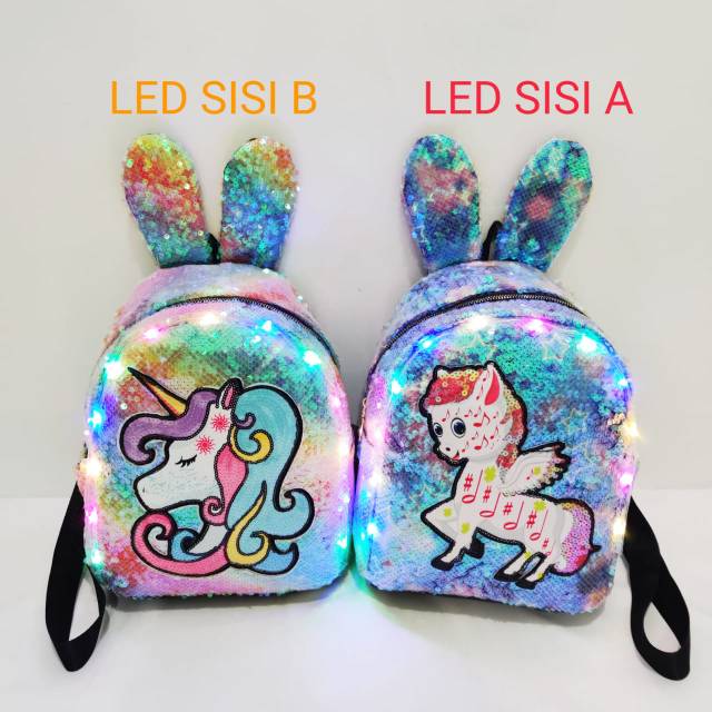  TAS  RANSEL UNICORN  USAP GLITTER  SEQUINS DENGAN LED MENYALA 