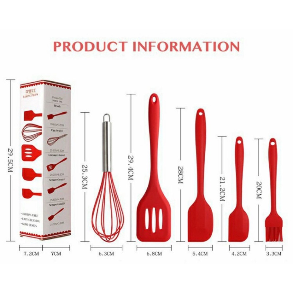 ALAT MASAK SPATULA SET 5 PCS SILIKON SUTIL KITCHEN UTENSIL TAHAN PANAS FREE PACKING BUBBLE FBL