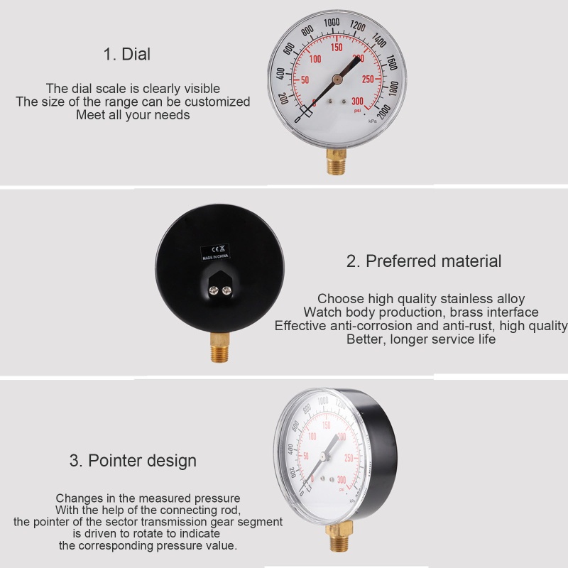 Meteran Tekanan Ulir BSPT 1 / 4 &quot;Untuk Bensin Udara Air Minyak 0-300psi / 0-2000kps