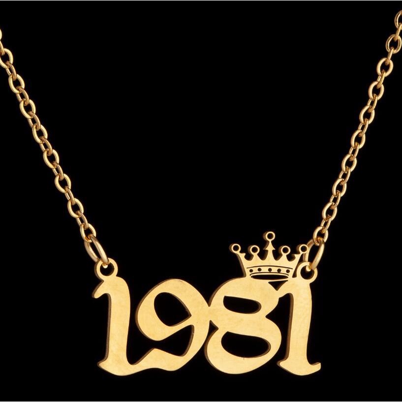 Kalung Rantai Liontin Mahkota Angka 1980-2019 Bahan Stainless Steel Untuk Wanita