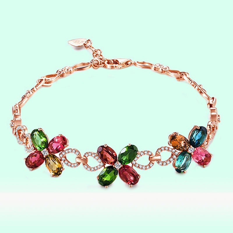 Gelang Bahan Stainless Steel Lapis Rose Gold Bentuk Daun Clover Aksen Batu Permata Warna-Warni