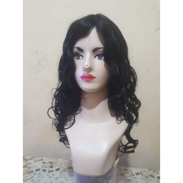 wig human hair black curly 50cm 100%rambut asli