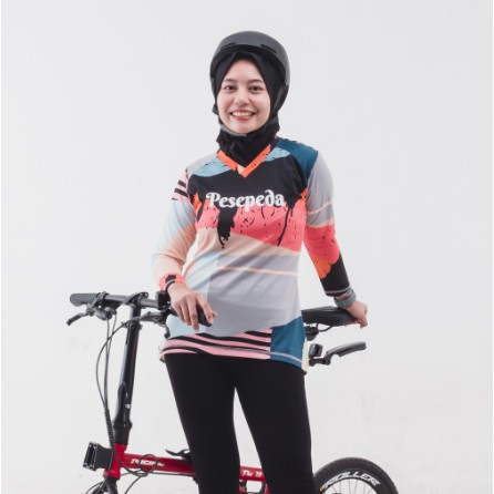 BAJU JERSEY SEPEDA WANITA MUSLIMAH BERKRUDUNG MOTIF KEREN meta roadbike