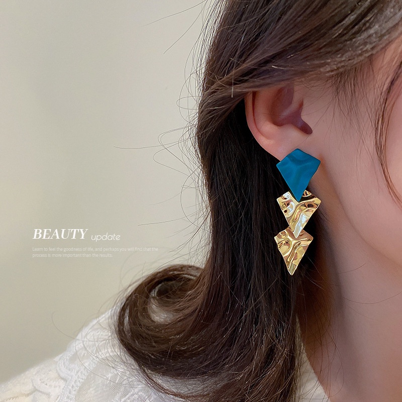 Anting Tusuk Bentuk Geometri Bulat / Kotak / Segitiga Warna Biru Untuk Wanita