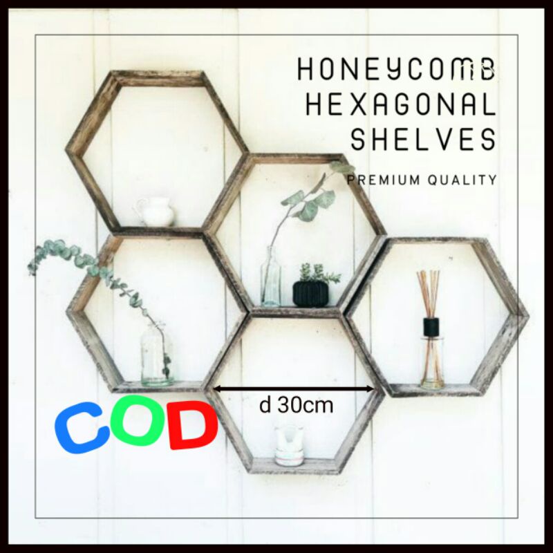 Hiasan Rak Dinding Kayu Hexagonal, Rak Dinding Tempel Ambalan Dinding Hexagonal d28 cm