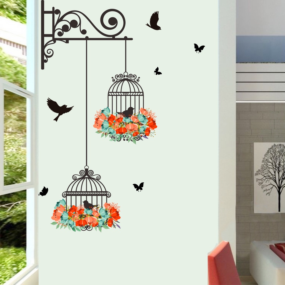 Cute Bird Cage Wall Sticker Art Mural Self-adhesive Wall Stickers / Home Decor Wallpaper / Kids Room Decorative Wall Murals / DIY Wall Decal Stickers Used for Living Room Bedroom TV Background Wall Decorations