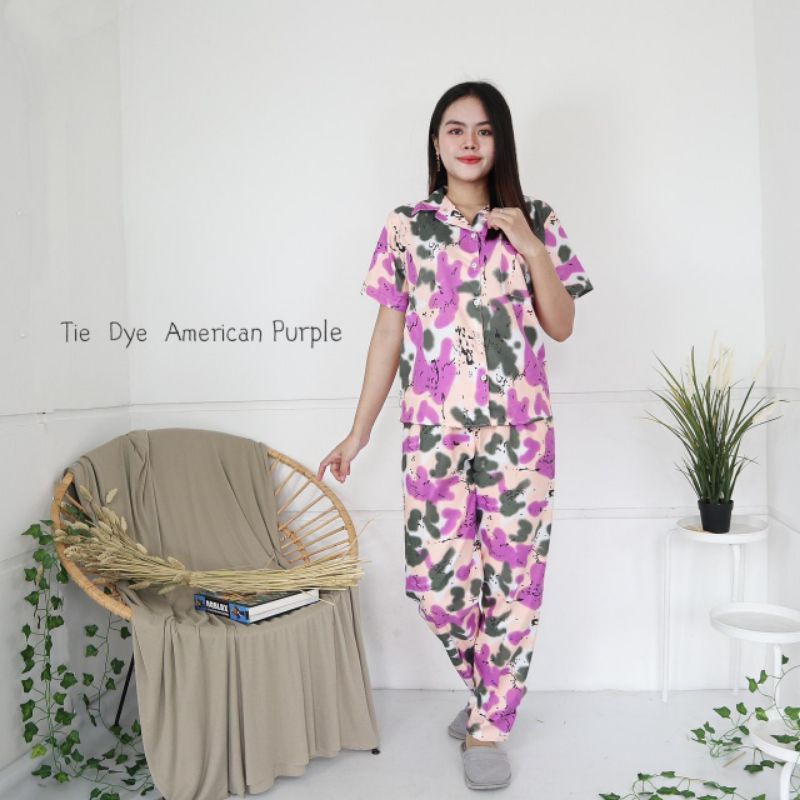 Baju Tidur Piyama Wanita Dewasa Piyama Baju Santai Motif Bunga-Tiedye American Ungu