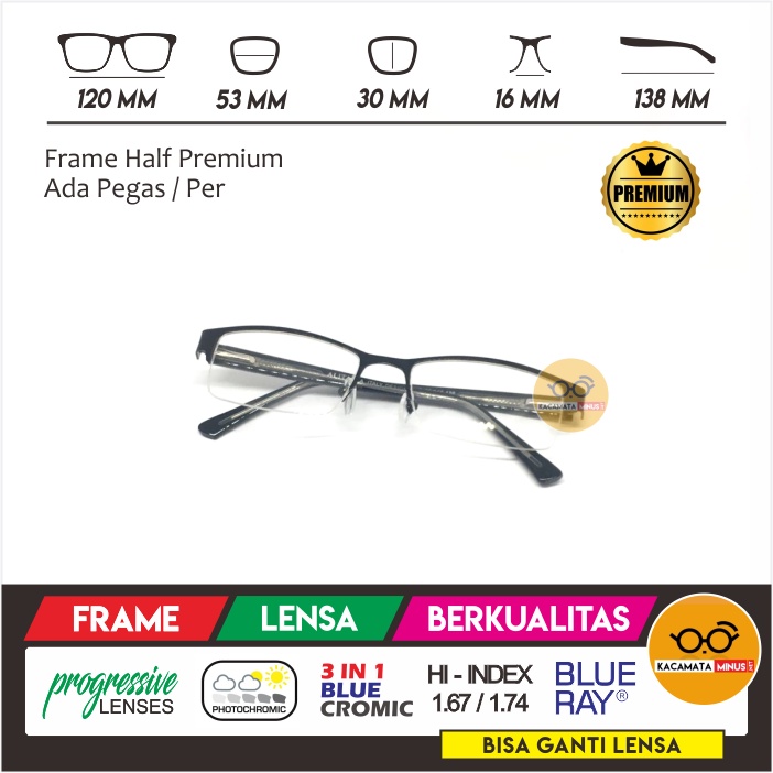 Kacamata Minus KM466 Frame Half - Kacamata Half Premium Pria Wanita