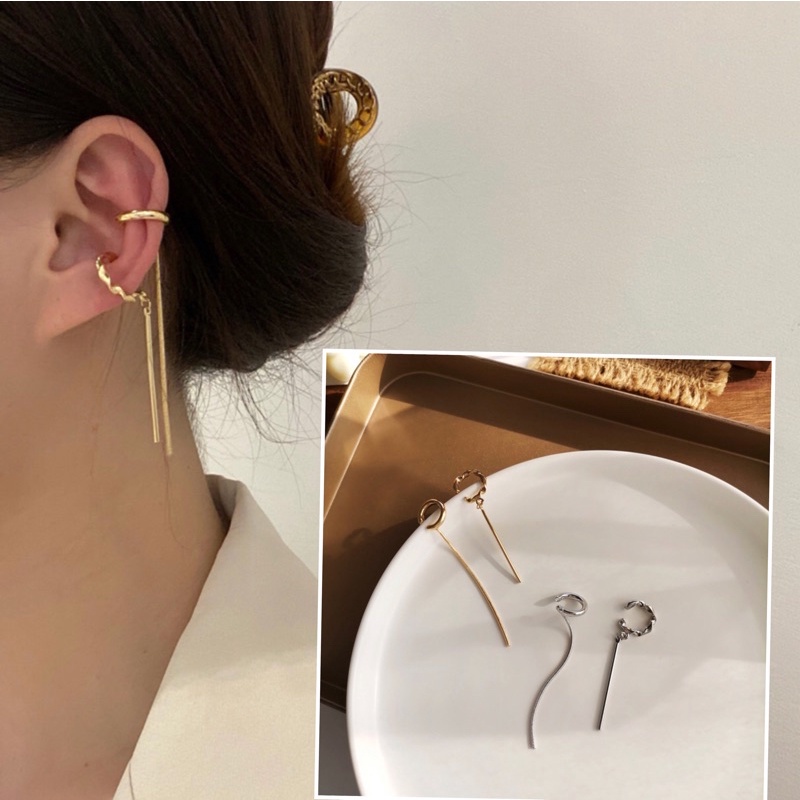 Anting Klip Tanpa Lubang Model Rumbai Asimetris Warna silver / Gold Gaya Korea Untuk Wanita