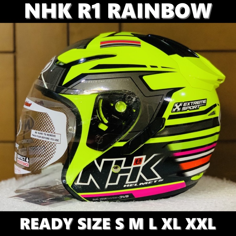 Helm NHK Half Face Double Visor R1 Rainbow Yellow Fluo SNI Dewasa Pria Wanita Helmet Original