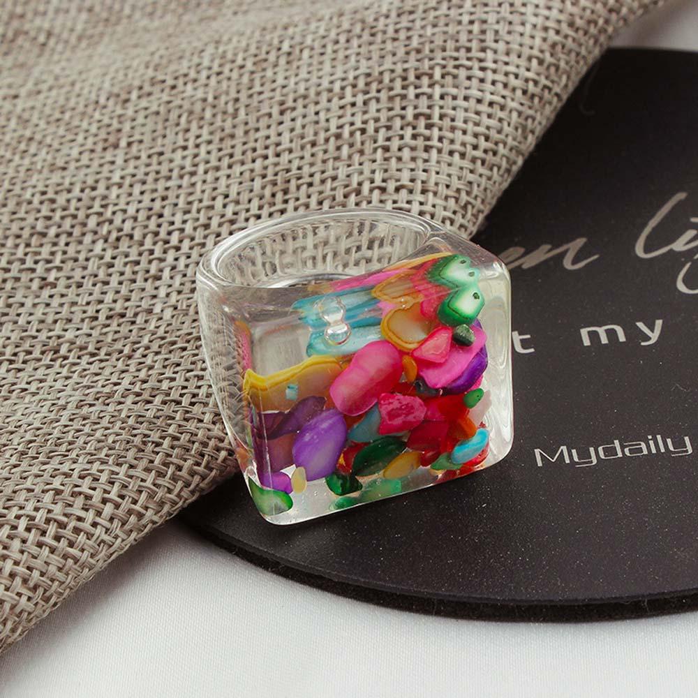 NEEDWAY Cincin Resin Wanita Korea Warna-Warni Manik Geometris Batu Fashion Perhiasan