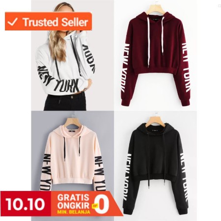 JAKET SWITER TERBARU ANTI VIRUS BAHAN LACOSTE~ XL SWEATER CROP HOODIE WANITA NEW YORK