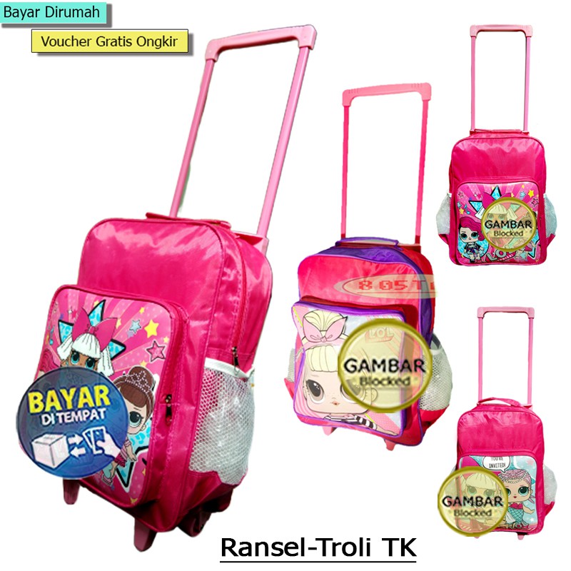 Tas Anak Perempuan TK,Tas Troli Anak tas dorong anak tas roda Little Pony ,Frozen ,LOL tas troly anak