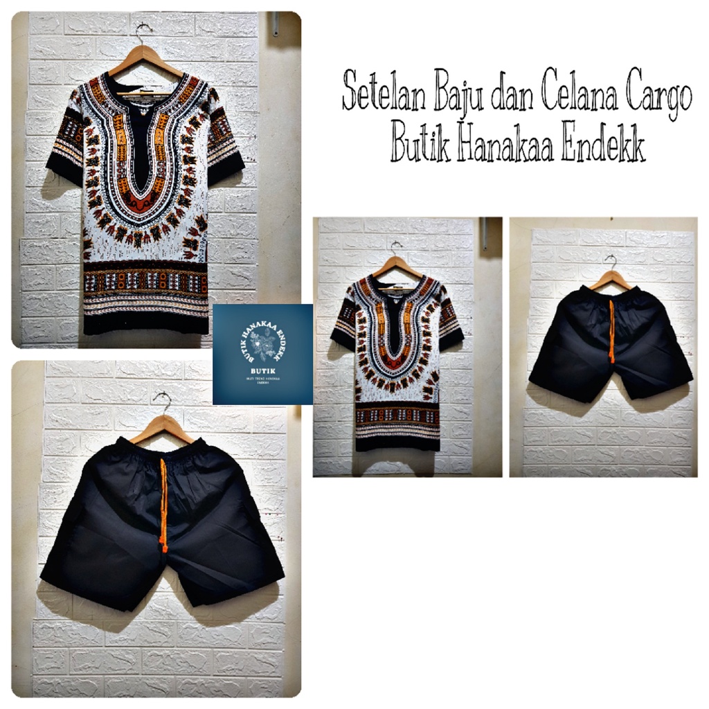 Setelan Baju dan Celana Cargo Etnik Dashiki Putih Lama Pria/Wanita (Unisex)