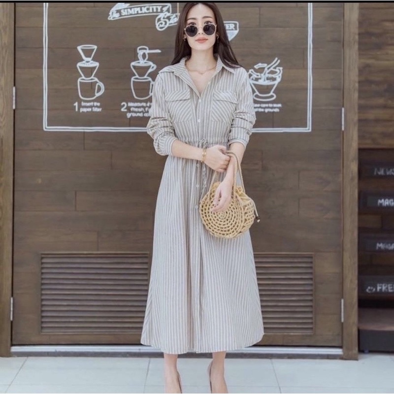 maxi dress shirt stripe korean design / maxy fashion salur-Coksu