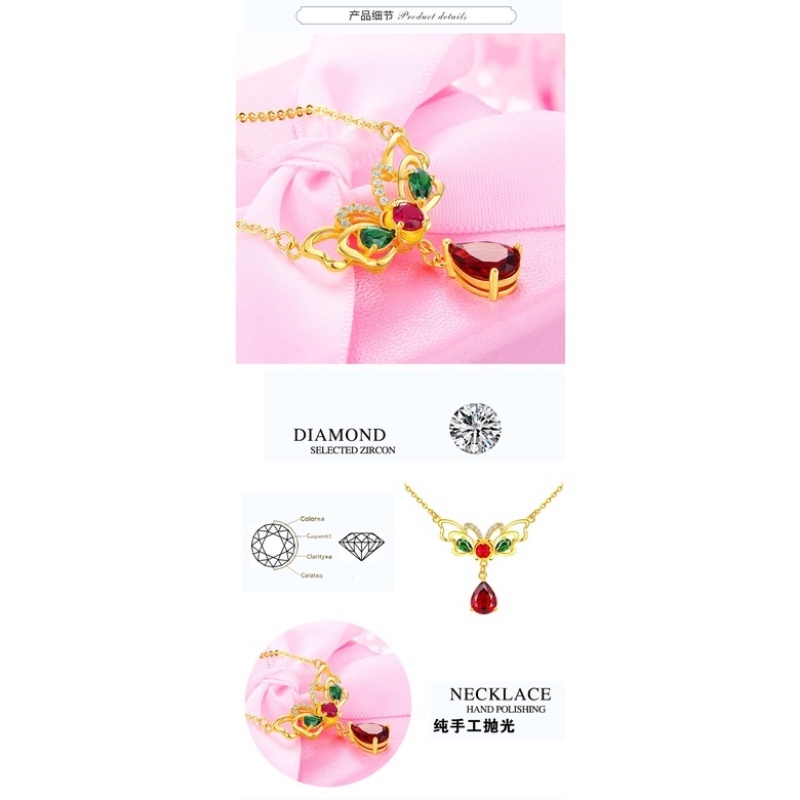Goldkingdom Fashion Perhiasan Emas Asli Kadar 375 Bangkok Aksesoris Ready Stock Lapis Emas Kupu-Kupu Kalung Wanita Mewah Bertatahkan Garnet Rantai Pernikahan