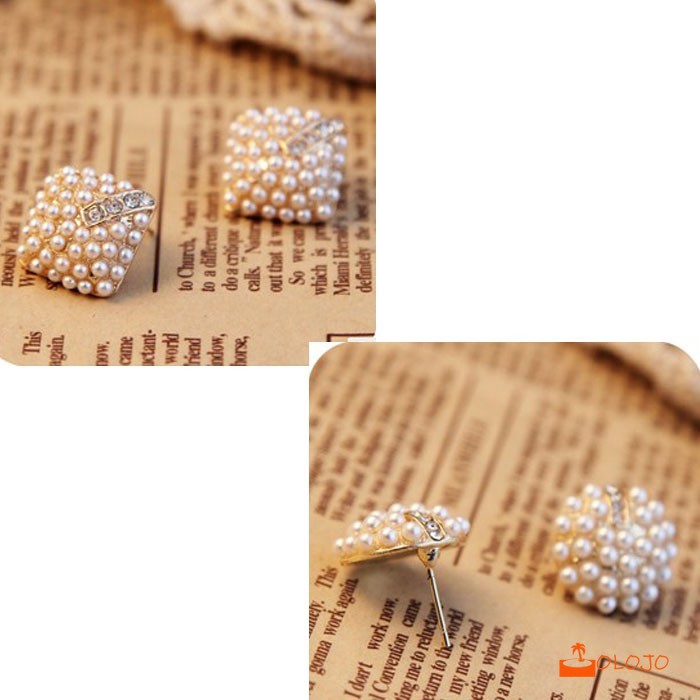 OLOJO Korea Fashion Wanita Stud Earrings Pearl Belah Anting Ketupat Kristal Berlian Imitasi Anting