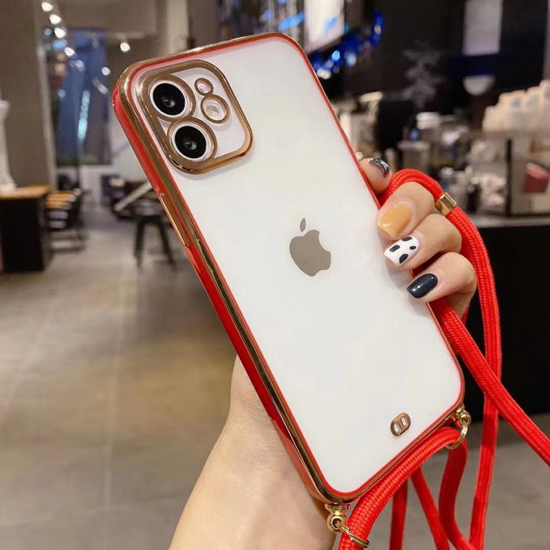 【Lanyard case iphone】TPU two-color casing iphone for iphone 12 pro max 12mini 11pro max electroplating anti-drop all-inclusive soft case iphone