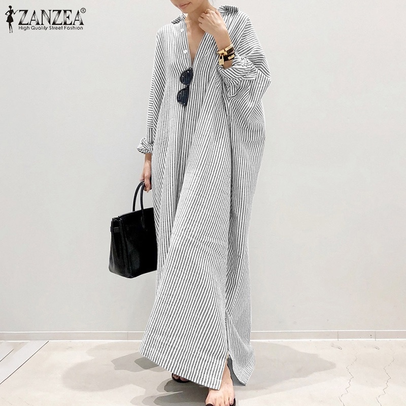 ZANZEA Women Fashion Casual Stripe Printed Button Down Split Hem Maxi Shirt Dress