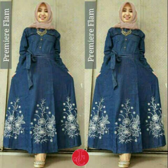 Brenda Jeans Gamis Jeans Bordir Baju Muslim Wanita Dress Jeans Lebar Gamis Wanita