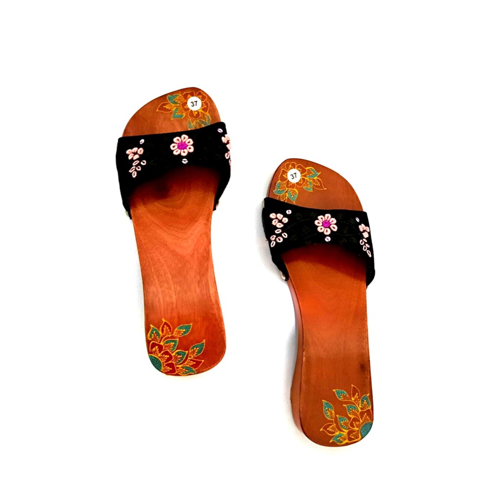 Sandal Klompen Kayu Modern Wanita Perempuan Model Slop Motif Batik Bakiak Sulam