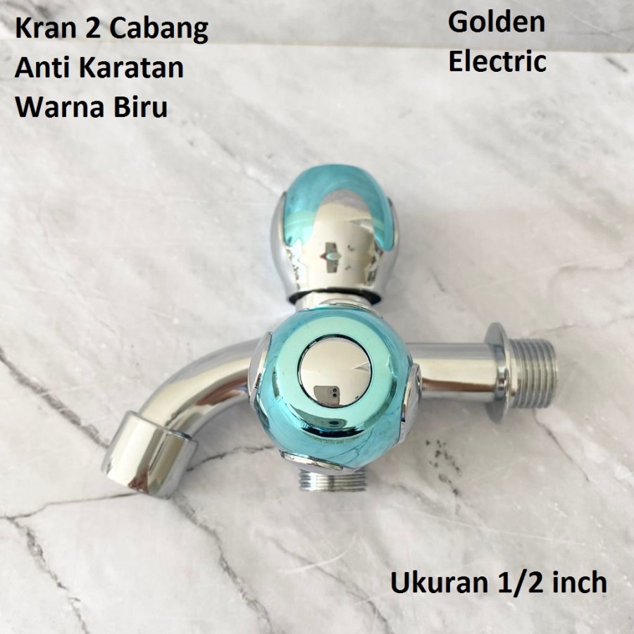 Kran Keran Air Tembok 2 Cabang Stainless Steel 1/2 inch Bulat Biru