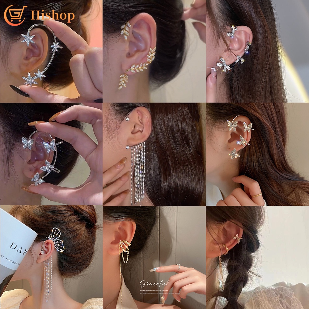 Crystal Butterfly Tassel Clip Earrings Elegant Bowknot Shining Earring for Women Fashion Accessories Jewelry