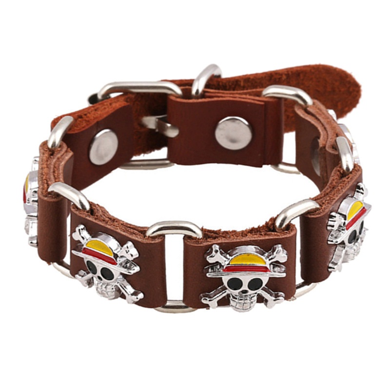 Japan Anime One Piece Luffy Pirate Logo Leather Bracelet Cosplay Punk Rock Sign Metal Men Bangle Goth Jewelry Bracelets Gifts