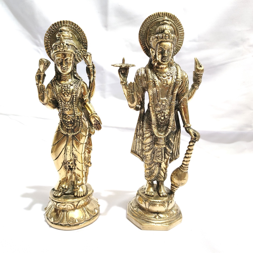 Patung dewa wisnu dan dewi Laksmi 27cm berdiri gold kuningan set