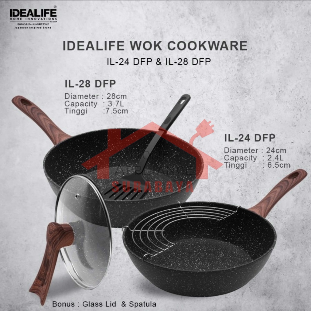 IDEALIFE Panci Penggorengan Deep Fryer Pan / Frypan Cookware + Oil Rack + Spatula + Tutup Kaca 24CM IL-24DFP / 28CM IL-28DFP