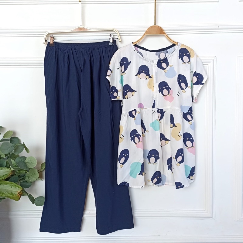 SETELAN BAJU TIDUR PIYAMA WANITA ONE SET PAJAMAS RUFFLE KANCING BUSUI CELANA PANJANG-BBR 6