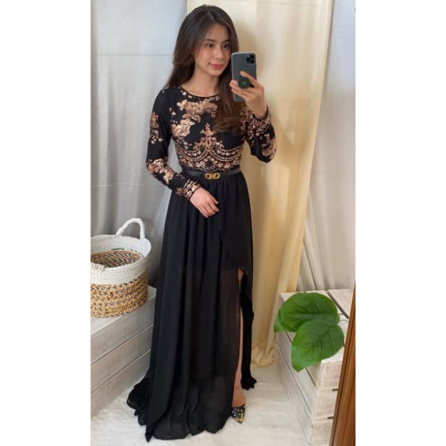 dress lengan panjang backless gold stamp emboss long skirt maxi dress bali wedding nikaha cocktail