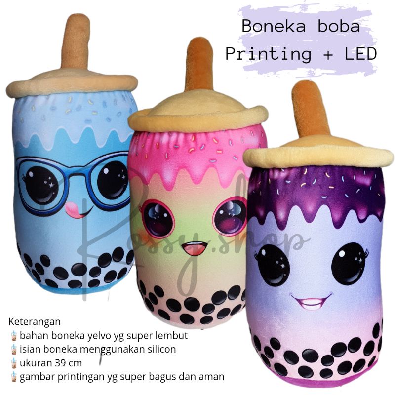 Boneka boba/boneka boba printingan+led/boneka boba new product/boneka boba topping lucu