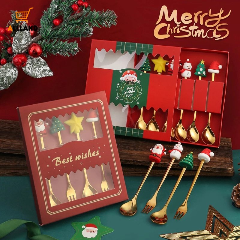 2pcs / set Sendok Garpu Kopi / Dessert Desain Kartun Santa Claus Elk Bahan Stainless Steel Dengan Kotak Penyimpanan