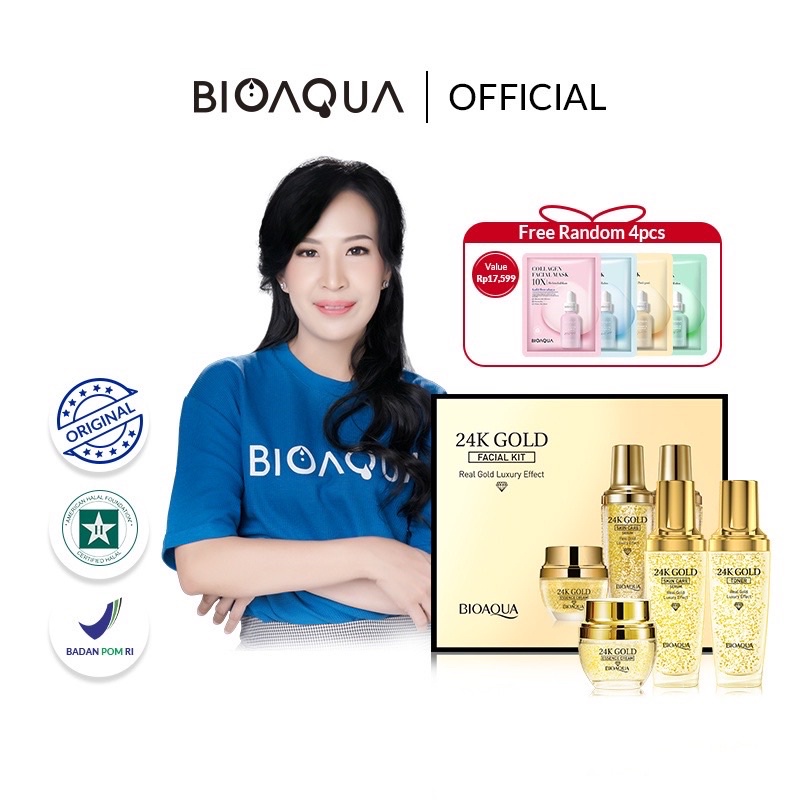 BIOAQUA 24K Gold Skincare Facial Kit Paket Skincare With Hydrating Toner/Whitening Serum/Essence She