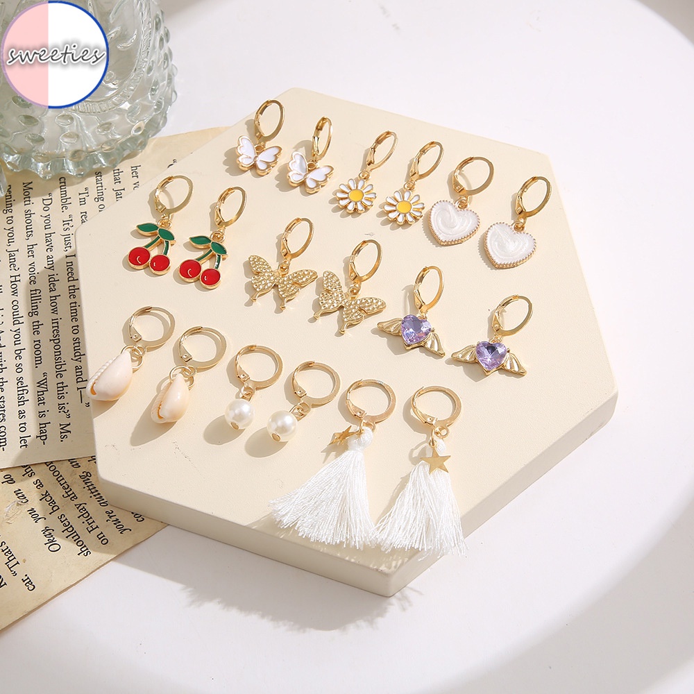 9 Pasang Anting Tusuk Gantung Wanita Model retro Butterfly + Bunga + Rumbai Mutiara