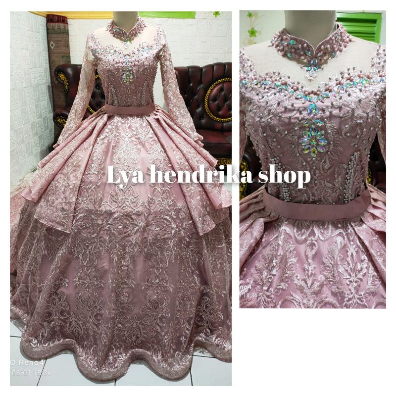 Gaun pengantin ekor+peplum payet cantik