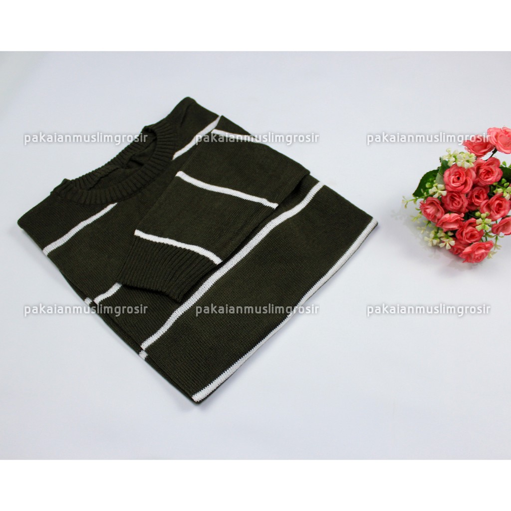 Atasan Rajut Sweater Rajut Knit Zia Adeline-Army - Putih