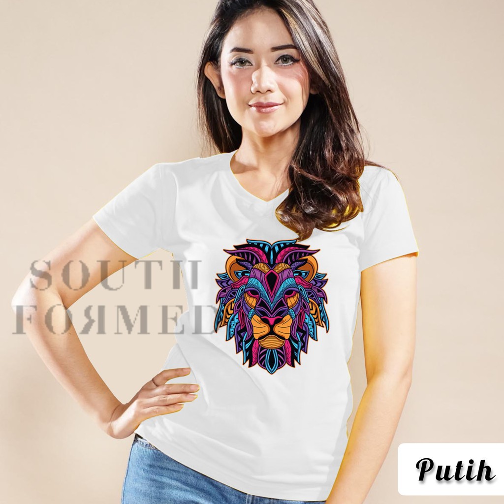 SOUTH FORMED COLORFUL LION KAOS V NECK / O NECK KATUN PREMIUM ADEM WANITA / CEWEK MOTIF / GAMBAR