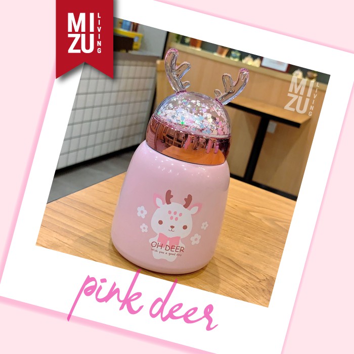 UNIDEER Termos Anak Unicorn Snow Globe 300ml Thermos Botol Air Minum Water Bottle Vacuum BPA-Free-PINK DEER