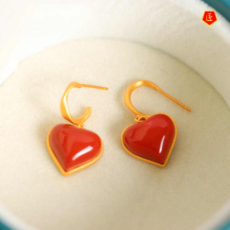 [Ready Stock]Elegant Heart-Shaped Natural South Red Agate Gold Earrings