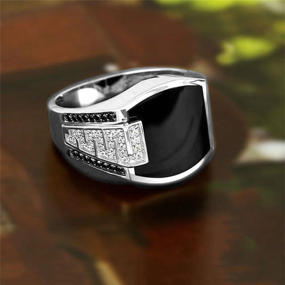 Baja Titanium Perak Emas 18K Cincin Berlian Enamel Hitam Aksesoris Perhiasan Fashion Pria Punk Silver Gold Rings