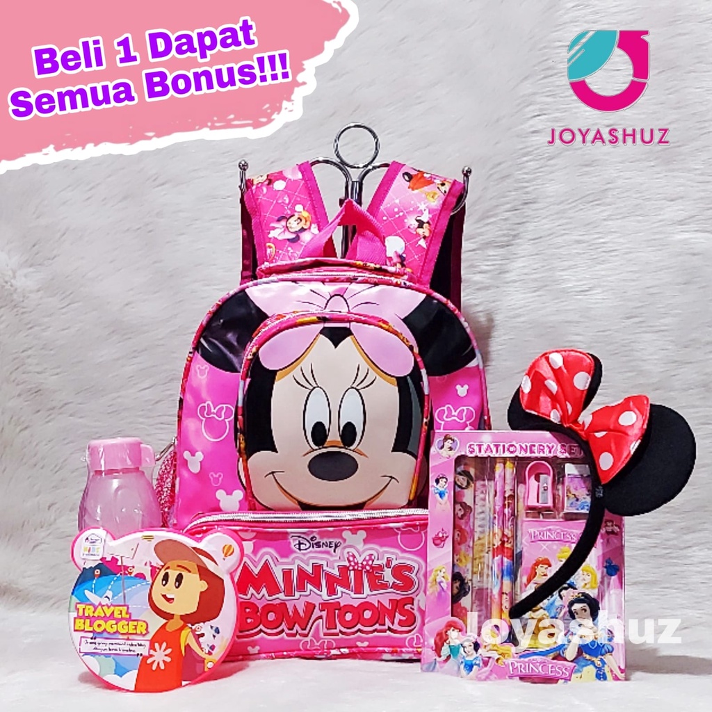 Joyashuz - Tas Sekolah Anak Perempuan Gratis Botol Minum - Ransel Anak minnie - Tas Sekolah Gratis Bando - Tas Minnie bowtoons - Ransel Cantik - Gratis Bando