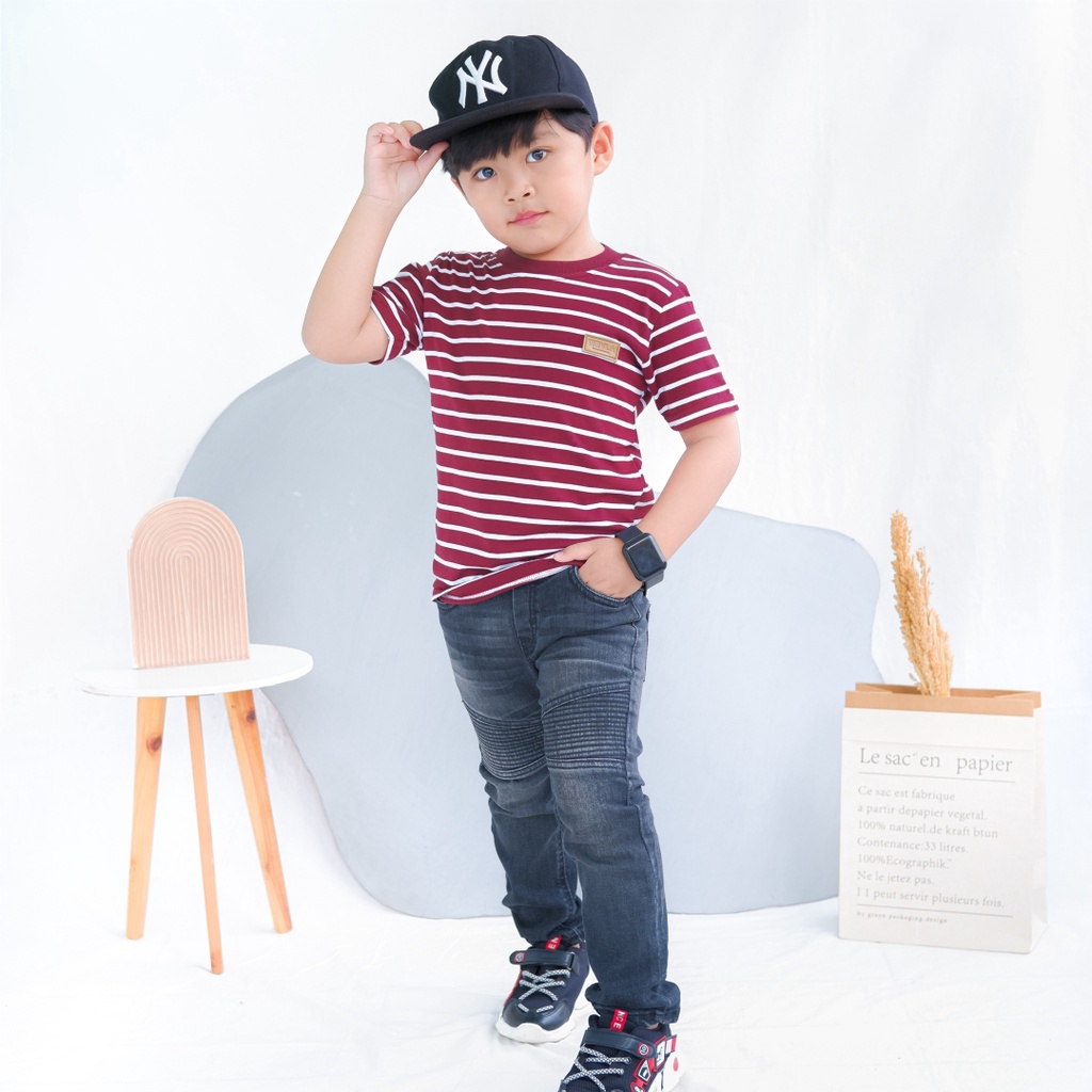 Kaos Stripe Garis Anak Laki Laki Perempuan Branded Unisex Original Premium | Mevla Kids - Uzuki Red