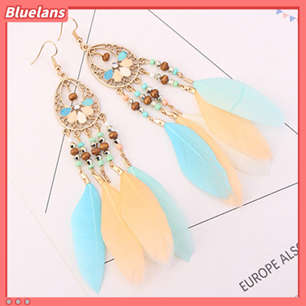 Anting Rumbai Bulu Manik-Manik Oval Warna-Warni Model Hollow Out Gaya Boho Untuk Wanita