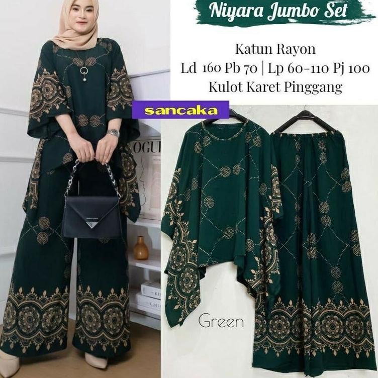 Hot Sell.. NIYARA JUMBO SET Baju Setelan One Set Batwing Tunik Waka Waka Kulot Celana Panjang Motif 
