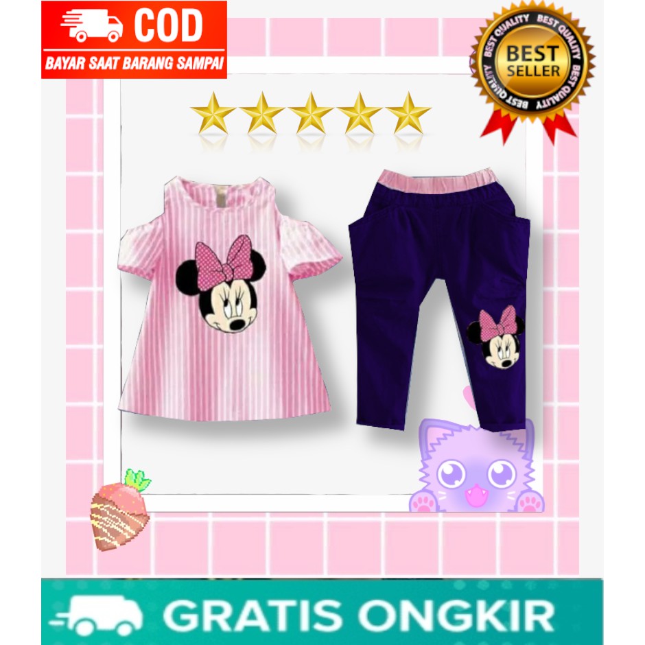 VISION ONLINE-SET STRIPE MINIE PINKY || Setelan anak perempuan cewek minnie mouse off shoulder pink